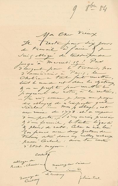 Lettre de Félicien Rops à [Georges] Camuset, s.l., 1884/10/09, Les Amis du musée Rops, en dépôt au musée Rops, inv. AMIS/LE/060