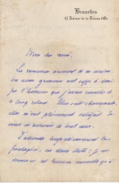 Lettre de Edmond Picard à [Félicien] [Rops], Bruxelles, 47 Avenue de la Toison d'Or, 1881/01/03. Province de Namur, musée Félicien Rops, Amis/LE/064