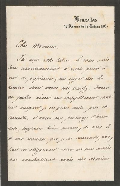 Lettre de Edmond Picard à [Félicien] [Rops], Bruxelles, 47 Avenue de la Toison d'Or, 1878/04/28. Province de Namur, musée Félicien Rops, Amis/LE/066