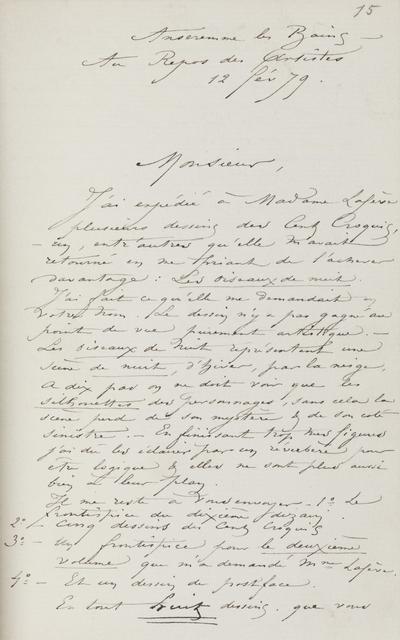 Lettre de Félicien Rops à [Jules] [Noilly]. Anseremme, 1879/02/12. Province de Namur, musée Félicien Rops, Amis/LI/006/LE/008