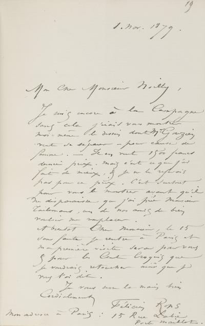 Lettre de Félicien Rops à [Jules] Noilly. s.l., 1879/11/01. Province de Namur, musée Félicien Rops, Amis/LI/006/LE/012