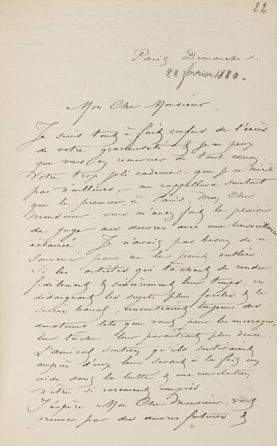 Lettre de Félicien Rops à [Jules] [Noilly]. Paris, 1880/02/22. Province de Namur, musée Félicien Rops, Amis/LI/006/LE/015