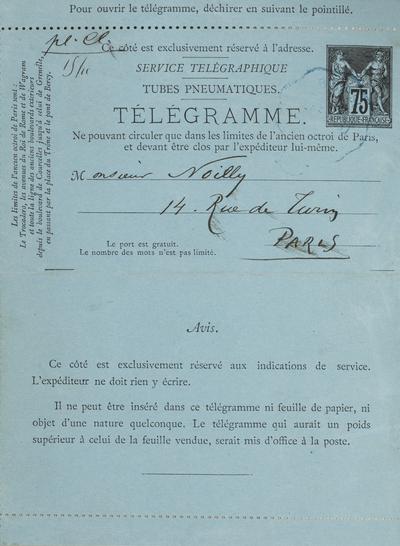 Télégramme de Félicien Rops à [Jules] Noilly. Paris, 1880/02/28. Province de Namur, musée Félicien Rops, Amis/LI/006/LE/017