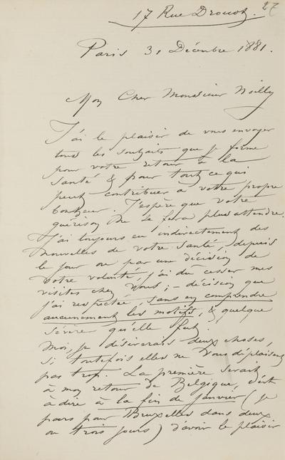 Lettre de Félicien Rops à [Jules] Noilly. Paris, 1881/12/31. Province de Namur, musée Félicien Rops, Amis/LI/006/LE/020