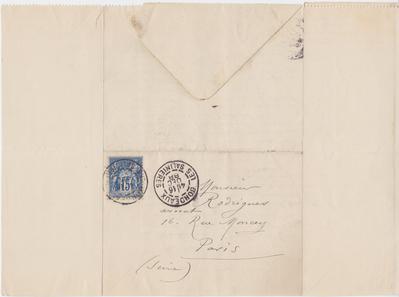 Lettre-enveloppe de Félicien Rops à [Eugène] Rodrigues. Bordeaux, 1888/12/16. Province de Namur, musée Félicien Rops, Amis/RAM/101