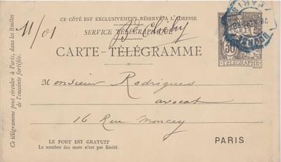 Carte-Télégramme de Félicien Rops à [Eugène] Rodrigues. [Paris], 1888/03/28. Province de Namur, musée Félicien Rops, Amis/RAM/103