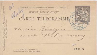 Carte-Télégramme de Félicien Rops à [Eugène] Rodrigues. [Paris], 1888/12/13. Province de Namur, musée Félicien Rops, Amis/RAM/106