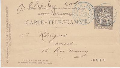 Carte-Télégramme de Félicien Rops à [Eugène] Rodrigues. [Paris], 1890/12/19. Province de Namur, musée Félicien Rops, Amis/RAM/107