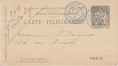 Carte-Télégramme non autographe de Félicien Rops à [Eugène] Rodrigues. [Paris], 1891/04/27. Province de Namur, musée Félicien Rops, Amis/RAM/108