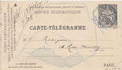 Carte-Télégramme de Félicien Rops à [Eugène] Rodrigues. [Paris], 1885/06/23. Province de Namur, musée Félicien Rops, Amis/RAM/11