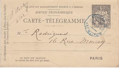 Carte-Télégramme de Félicien Rops à [Eugène] Rodrigues. [Paris], 1887/11/24. Province de Namur, musée Félicien Rops, Amis/RAM/110