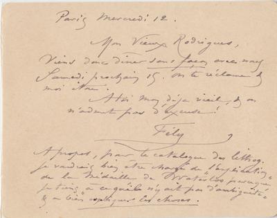 Carte de Félicien Rops à [Eugène] Rodrigues. Paris, 1890/03/12. Province de Namur, musée Félicien Rops, Amis/RAM/111