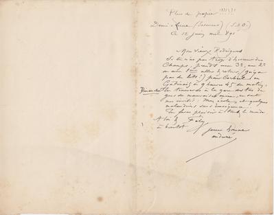 Lettre au verso d'un imprimé de Félicien Rops à [Eugène] Rodrigues. Corbeil-Essonnes, 1891/06/12. Province de Namur, musée Félicien Rops, Amis/RAM/117