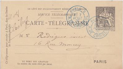 Carte-Télégramme de Félicien Rops à [Eugène] Rodrigues. [Paris], 1891/08/07. Province de Namur, musée Félicien Rops, Amis/RAM/121