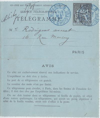 Télégramme de Félicien Rops à [Eugène] Rodrigues. [Paris], 1892/05/12. Province de Namur, musée Félicien Rops, Amis/RAM/127