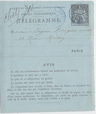 Télégramme de Félicien Rops à Eugène Rodrigues. [Paris], 1892/03/07. Province de Namur, musée Félicien Rops, Amis/RAM/128