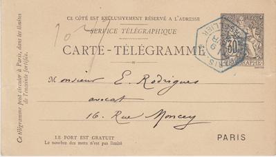 Carte-Télégramme de Félicien Rops à [Eugène] Rodrigues. [Paris], 1892/02/09. Province de Namur, musée Félicien Rops, Amis/RAM/129