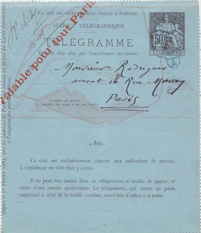 Télégramme de Félicien Rops à [Eugène] Rodrigues. [Paris], 1885/05/15. Province de Namur, musée Félicien Rops, Amis/RAM/13