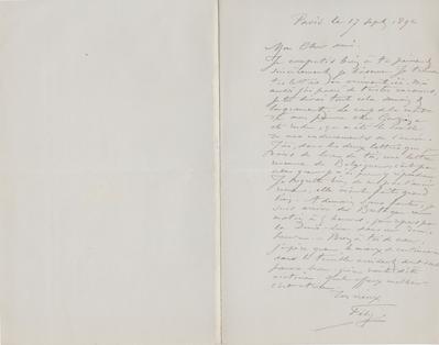 Lettre de Félicien Rops à Eugène Rodrigues. Paris, 1892/09/17. Province de Namur, musée Félicien Rops, Amis/RAM/135