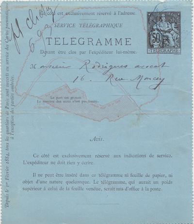 Télégramme de Félicien Rops à [Eugène] Rodrigues. [Paris], 1885/05/23. Province de Namur, musée Félicien Rops, Amis/RAM/14