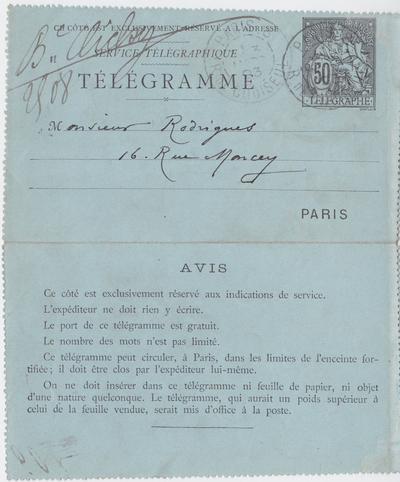 Télégramme de Félicien Rops à [Eugène] Rodrigues. [Paris], 1893/03/03. Province de Namur, musée Félicien Rops, Amis/RAM/140