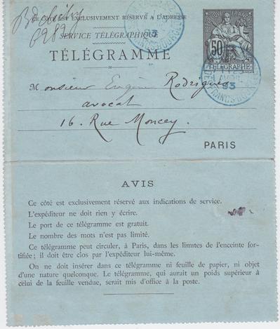 Télégramme de Félicien Rops à Eugène Rodrigues. Paris, 1893/04/25. Province de Namur, musée Félicien Rops, Amis/RAM/141