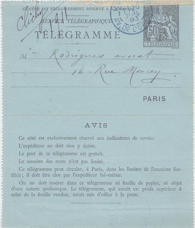 Télégramme de Félicien Rops à [Eugène] Rodrigues. [Paris], 1893/07/20. Province de Namur, musée Félicien Rops, Amis/RAM/142