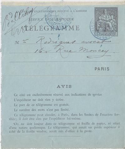 Télégramme de Félicien Rops à [Eugène] Rodrigues. [Paris], 1893/07/20. Province de Namur, musée Félicien Rops, Amis/RAM/143