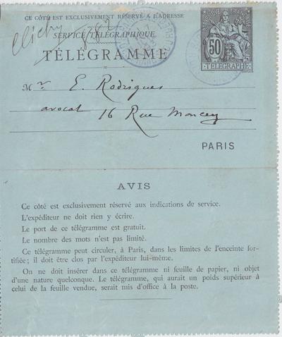 Télégramme de Félicien Rops à [Eugène] Rodrigues. [Paris], 1893/07/07. Province de Namur, musée Félicien Rops, Amis/RAM/146