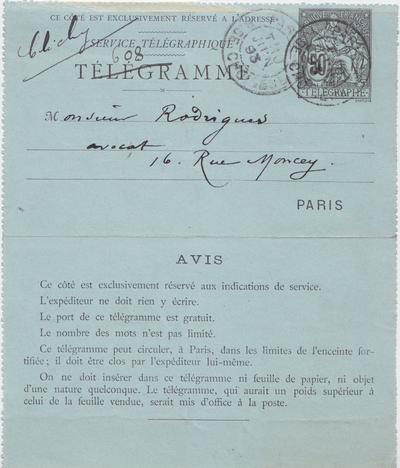 Télégramme de Félicien Rops à [Eugène] Rodrigues. [Paris], 1893/06/10. Province de Namur, musée Félicien Rops, Amis/RAM/147