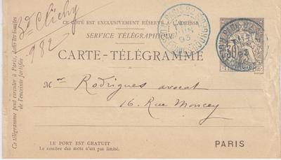 Carte-Télégramme de Félicien Rops à [Eugène] Rodrigues. [Paris], 1893/06/17. Province de Namur, musée Félicien Rops, Amis/RAM/148