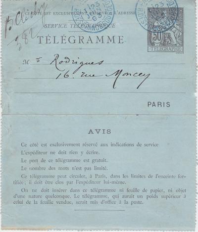 Télégramme de Félicien Rops à [Eugène] Rodrigues. [Paris], 1893/06/23. Province de Namur, musée Félicien Rops, Amis/RAM/149