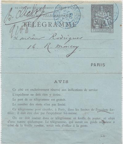 Télégramme de Félicien Rops à [Eugène] Rodrigues. [Paris], 1893/06/15. Province de Namur, musée Félicien Rops, Amis/RAM/150