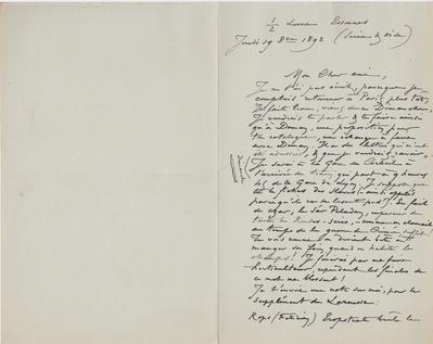 Lettre de Félicien Rops à [Eugène] Rodrigues. Corbeil-Essonnes, 1893/10/19. Province de Namur, musée Félicien Rops, Amis/RAM/156