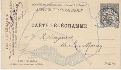 Carte-Télégramme de Félicien Rops à [Eugène] Rodrigues. [Paris], 1884/12/00. Province de Namur, musée Félicien Rops, Amis/RAM/16