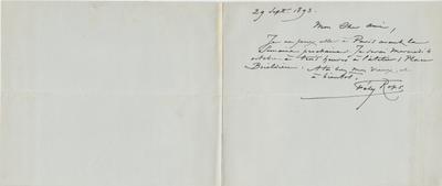 Lettre de Félicien Rops à Eugène Rodrigues. [Paris], 1893/09/29. Province de Namur, musée Félicien Rops, Amis/RAM/160