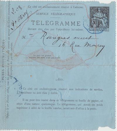 Télégramme de Félicien Rops à [Eugène] Rodrigues. [Paris], 1885/02/18. Province de Namur, musée Félicien Rops, Amis/RAM/17