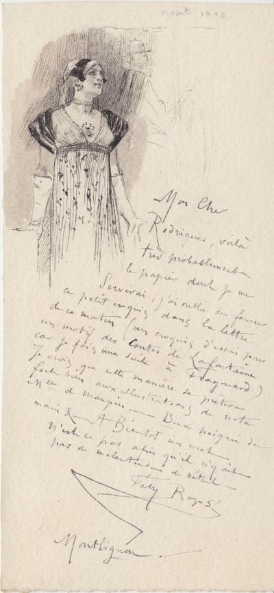 Lettre de Félicien Rops à [Eugène] Rodrigues. Montlignon, 1882/08/00. Province de Namur, musée Félicien Rops, Amis/RAM/2