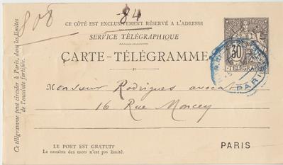 Carte-Télégramme de Félicien Rops à [Eugène] Rodrigues. [Paris], 1886/05/05. Province de Namur, musée Félicien Rops, Amis/RAM/22