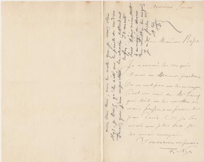 Lettre sur lettre d'un tiers de Félicien Rops à [Eugène] [Rodrigues]. [Paris], 1885/03/26. Province de Namur, musée Félicien Rops, Amis/RAM/28