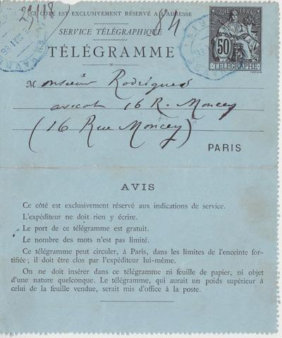 Télégramme de Félicien Rops à [Eugène] Rodrigues. [Paris], 1886/05/18. Province de Namur, musée Félicien Rops, Amis/RAM/30