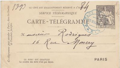 Carte-Télégramme de Félicien Rops à [Eugène] Rodrigues. [Paris], 1886/03/20. Province de Namur, musée Félicien Rops, Amis/RAM/31