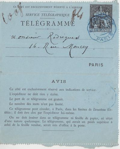 Télégramme de Félicien Rops à [Eugène] Rodrigues. [Paris], 1886/05/21. Province de Namur, musée Félicien Rops, Amis/RAM/35