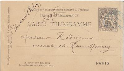 Carte-Télégramme de Félicien Rops à [Eugène] Rodrigues. [Paris], 1889/06/08. Province de Namur, musée Félicien Rops, Amis/RAM/44