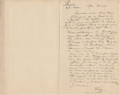 Lettre de Félicien Rops à [Eugène] Rodrigues. s.l., 1887/09/22. Province de Namur, musée Félicien Rops, Amis/RAM/47