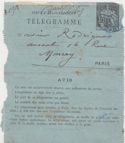 Télégramme de Félicien Rops à [Eugène] Rodrigues. [Paris], 1888/05/00. Province de Namur, musée Félicien Rops, Amis/RAM/49