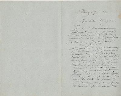 Lettre de Félicien Rops à [Eugène] Rodrigues. Paris, 1882/11/00. Province de Namur, musée Félicien Rops, Amis/RAM/5