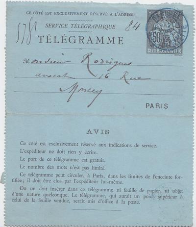 Télégramme de Félicien Rops à [Eugène] Rodrigues. [Paris], 1887/04/20. Province de Namur, musée Félicien Rops, Amis/RAM/50