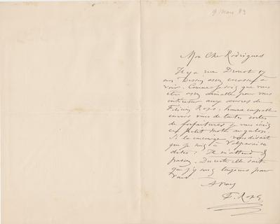 Lettre de Félicien Rops à [Eugène] Rodrigues. s.l., 1883/03/09. Province de Namur, musée Félicien Rops, Amis/RAM/54