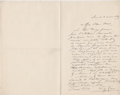 Lettre de Félicien Rops à [Eugène] Rodrigues. s.l., 1885/03/02. Province de Namur, musée Félicien Rops, Amis/RAM/56